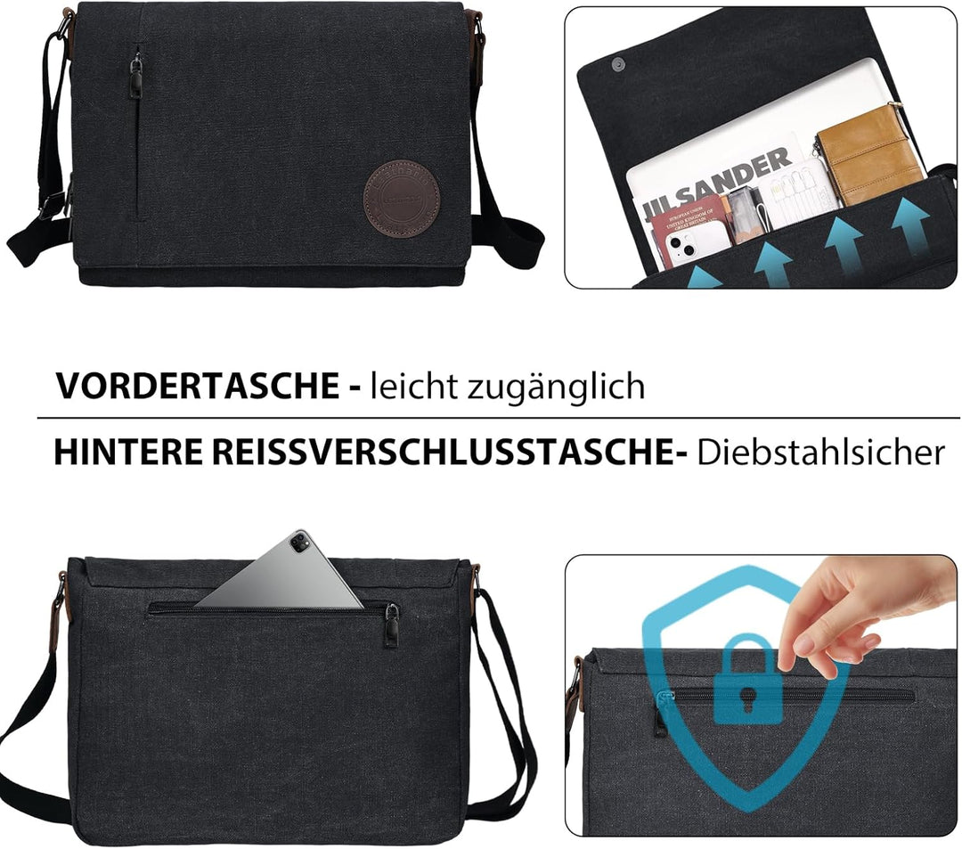 Leathario Umhängetasche Herren 14 Zoll, Messenger Bag aus Echtleder und Canvas, Arbeitstasche Studen