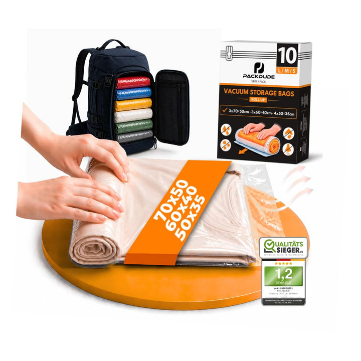 Vakuumbeutel Reise zum Rollen I 10 STÜCK: 3x 70x50cm/ 3x 60x40cm/ 4x 50x35cm I Vakuumbeutel für Klei
