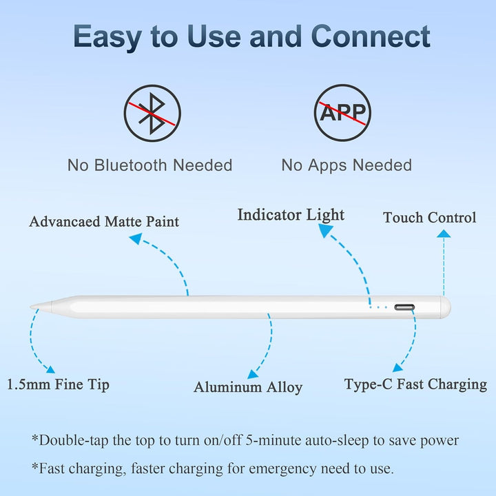 Stift für Apple iPad 2026-2018, Schnellladen/Neigungssensitivität, Palm Rejection Stylus Pencil für