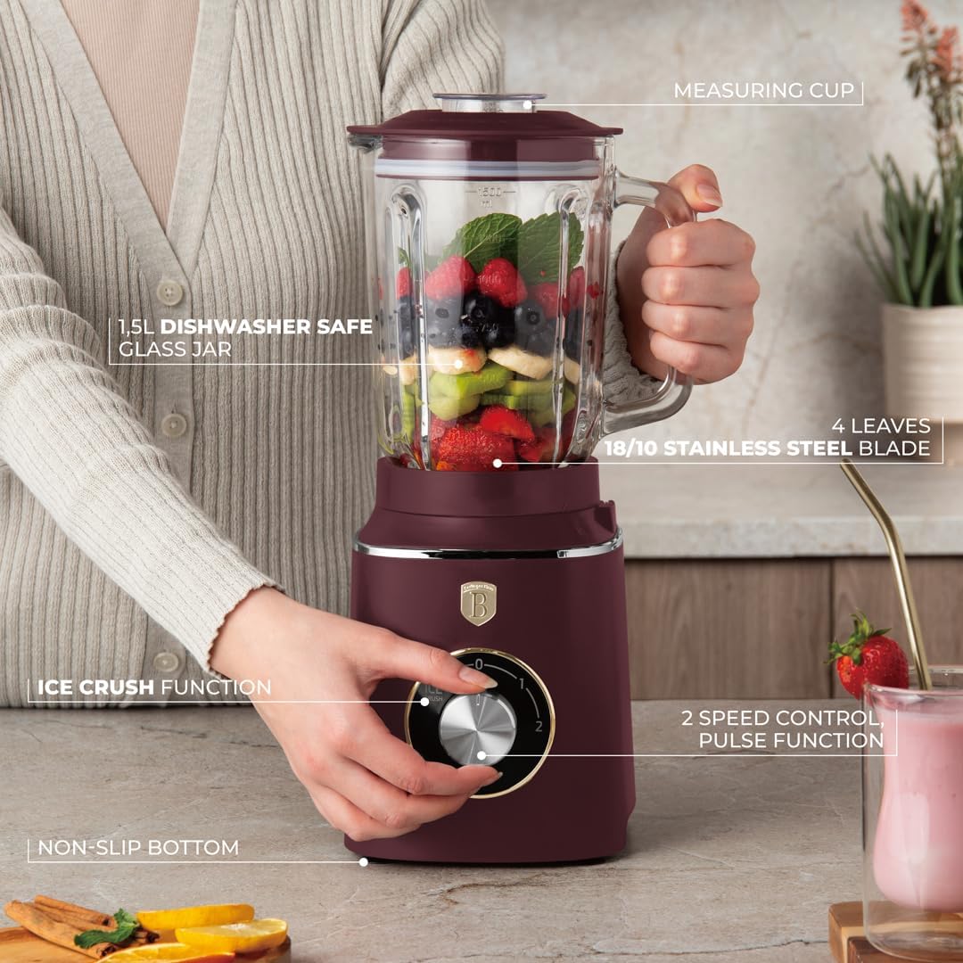 Berlinger Haus Stabmixer/Tischmixer mit Glasbehälter 1,5 L 1000 W/matt bordeaux/Leonardo Collection