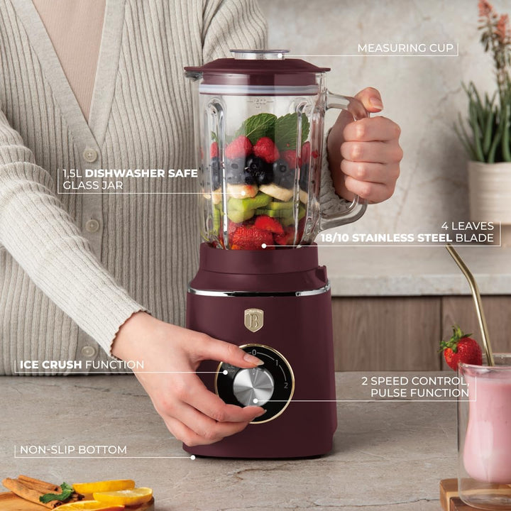 Berlinger Haus Stabmixer/Tischmixer mit Glasbehälter 1,5 L 1000 W/matt bordeaux/Leonardo Collection