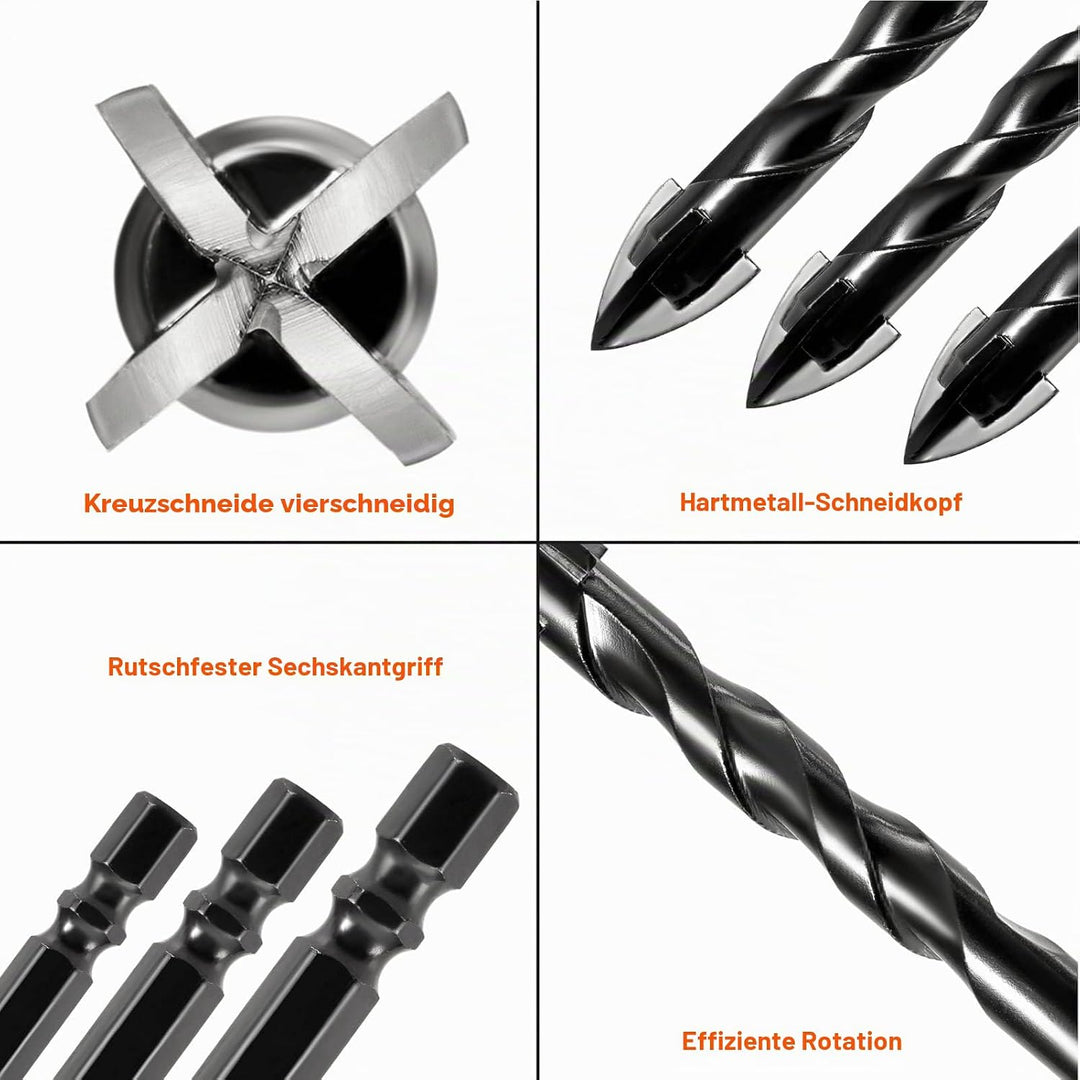HPMAISON Steinbohrer Set, 10 tlg. Fliesenbohrer Glasbohrer mit 4 Schneiden Hartmetallspitze für Kera