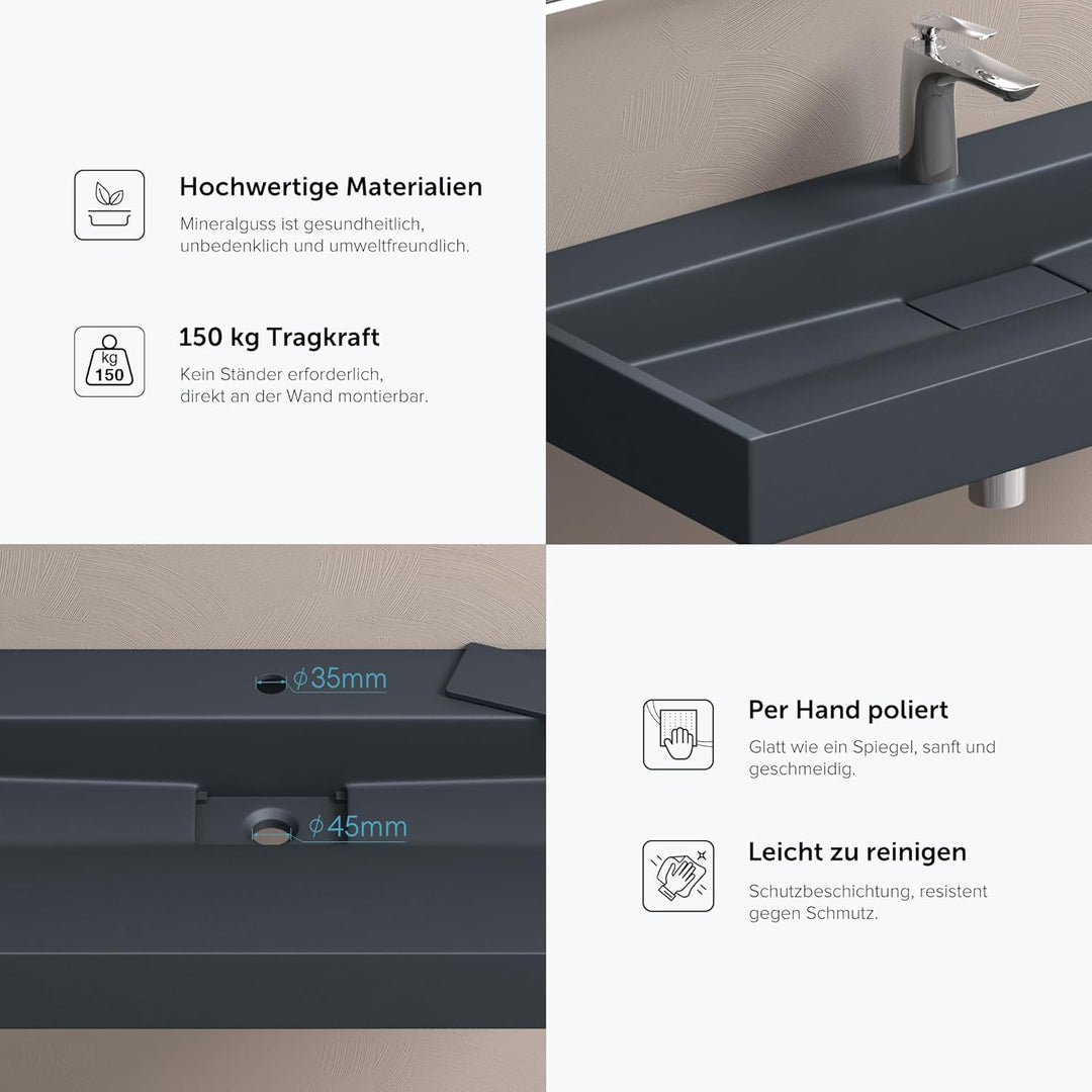doporro Aufsatzwaschbecken Colossum19 matt Anthrazit 100x46x11cm Mineralguss Waschbecken mit Armatur