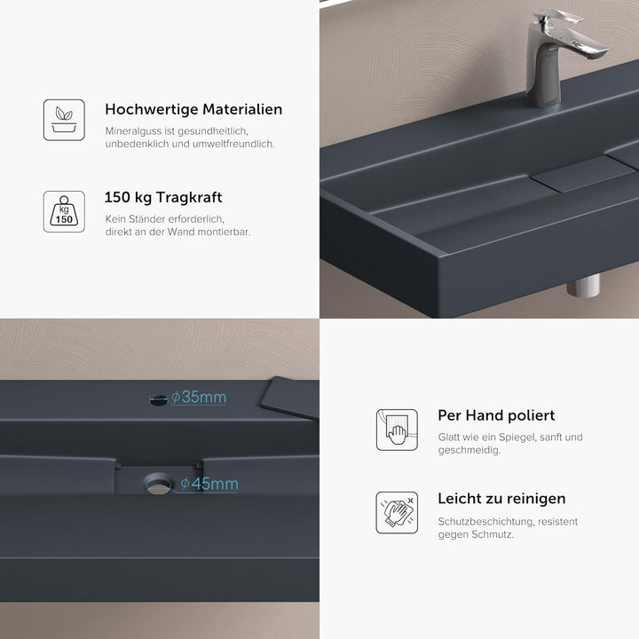 doporro Aufsatzwaschbecken Colossum19 matt Anthrazit 100x46x11cm Mineralguss Waschbecken mit Armatur