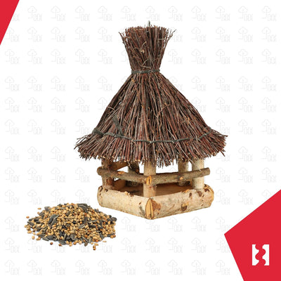 KOTARBAU® Holz-Vogelfutterhaus mit Reet eingedeckt Birke zum Aufhängen + 0,5 kg Futter Gratis