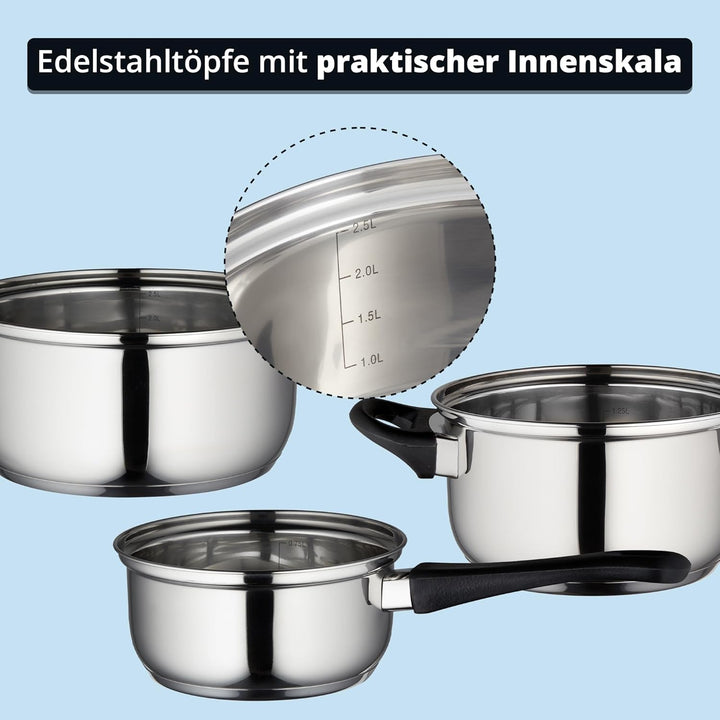 KHG Topfset 3-teilig Edelstahl Induktion, Kochtopf 16 cm, 20 cm mit Glasdeckel, Kasserolle 14 cm - T