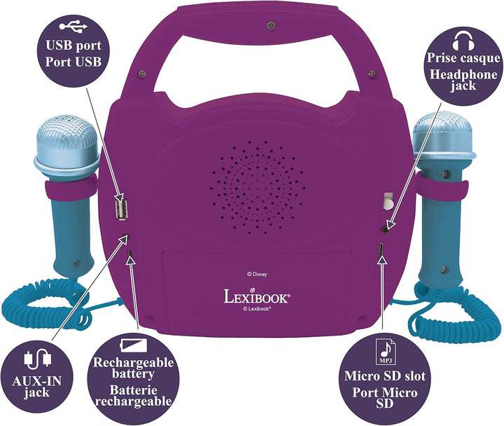 Lexibook, Die Eiskönigin, Tragbarer Karaoke-Digitalplayer für Kinder, Mikrofone, Lichteffekte, Bluet