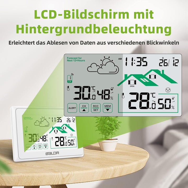 BALDR Wetterstation Funk mit Aussensensor, Digital DCF-Funkuhr mit Wettervorhersage, Lüftungsempfehl