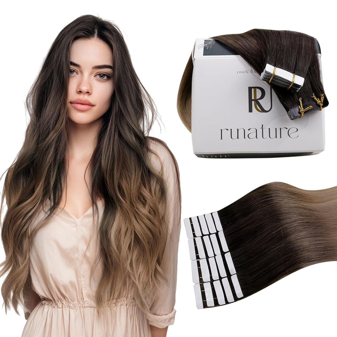 RUNATURE Tape in Extensions Echthaar Balayage Braun Blond 60cm Ombre Haarverlängerung 50g 20pcs #2/6