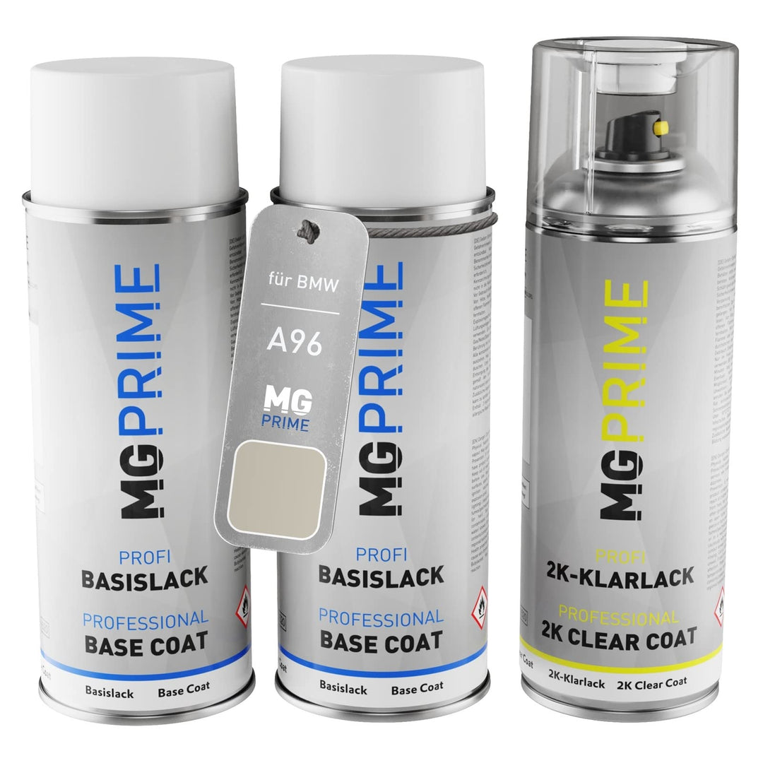 MG PRIME Autolack 2K Spraydosen Set für BMW A96 Mineralweiss Perleffekt/Mineral White Metallic Grund