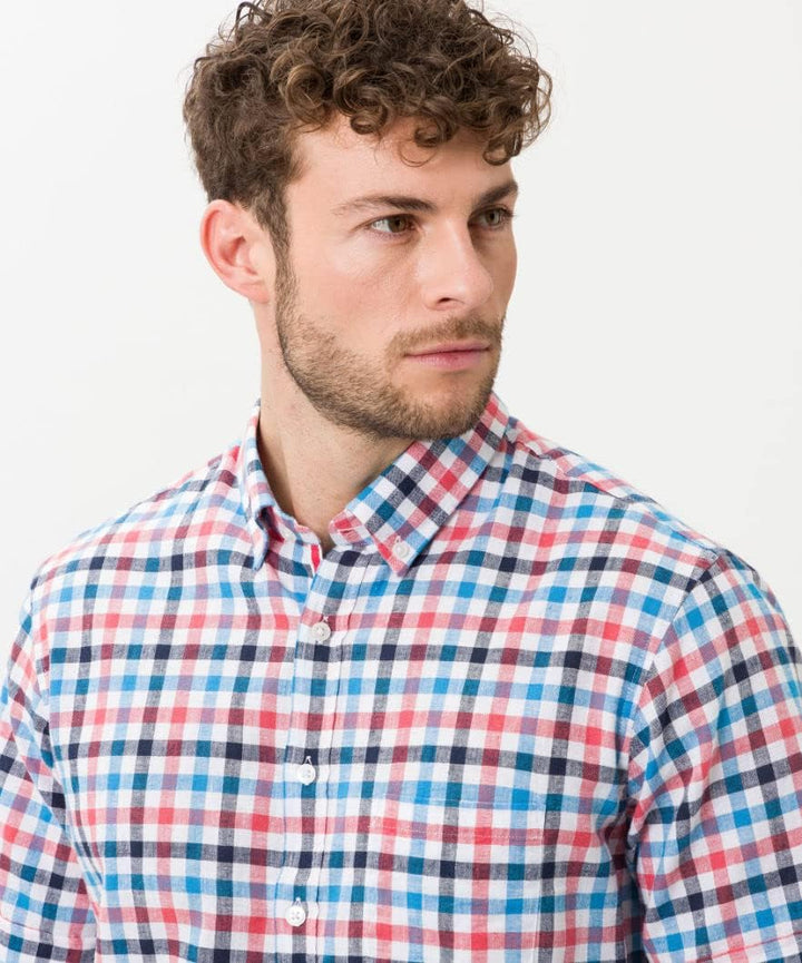 BRAX Herren Style Dan C Cotton Linen Slub Kariertes Kurzarmhemd Hemd XL Ocean, XL Ocean