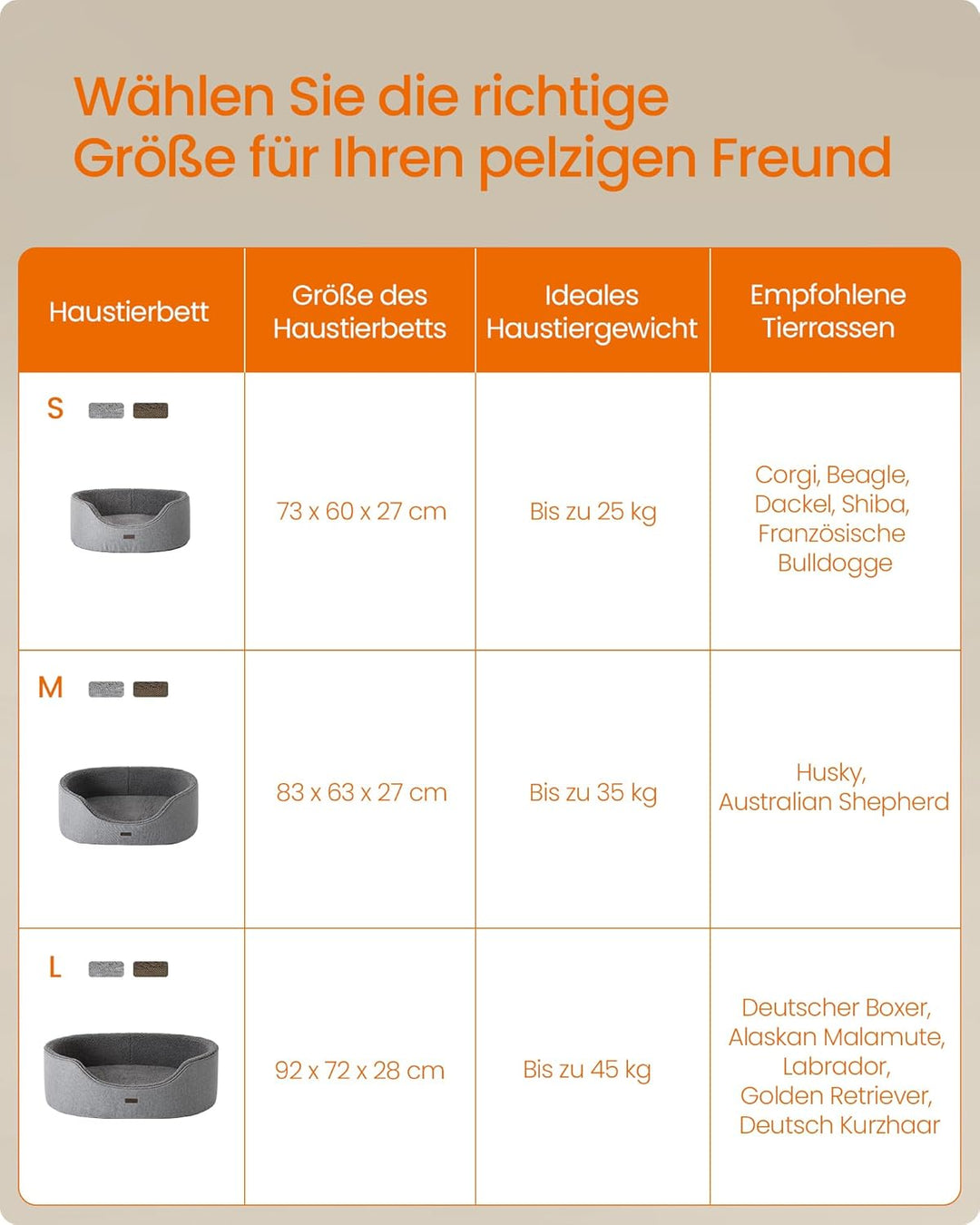 Feandrea Hundebett, Hundekorb, Wendekissen, 83 x 63 x 27 cm, grau PGW32GG Grau L 83 x B 63 x H 27 cm