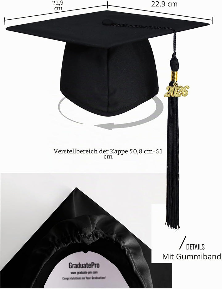 GraduatePro Abschluss Talar mit Hut 2025 Absolventen Robe Bachelor Uni Master Kostüm Geschenke Absol