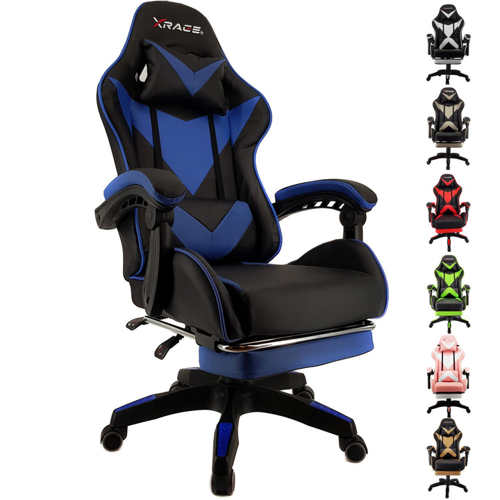 xRace Gaming-Stuhl Hoher Drehstuhl aus Leder mit Lendenwirbelstütze, Kopfstütze und Fussstütze, vers
