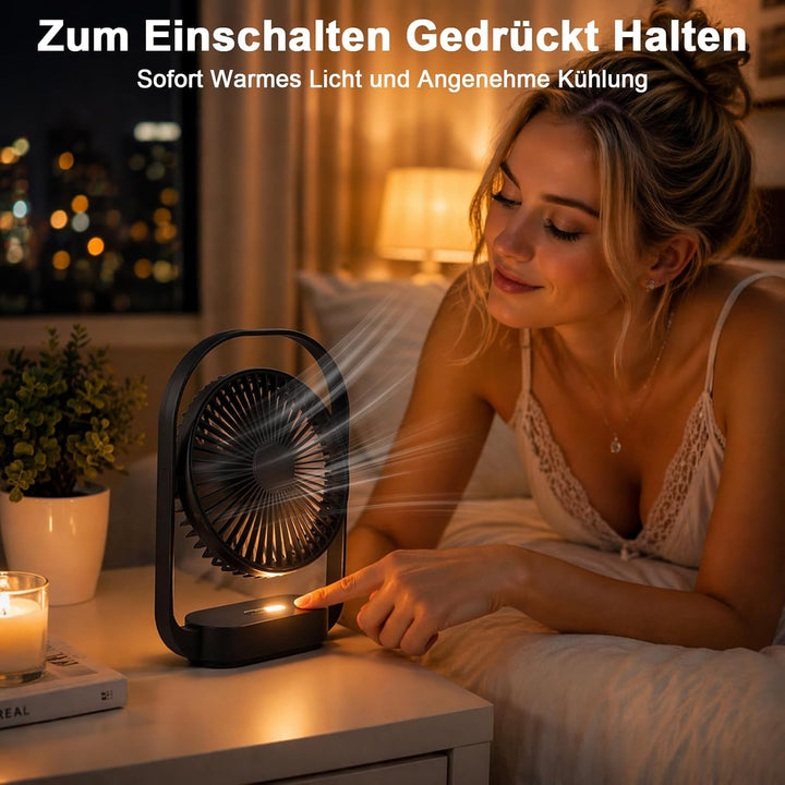 SURFOU Ventilator 4000mAh Akku, Kabelloser Tischventilator mit 4 Stufen und 2 Nachtlicht-Modi, USB-C