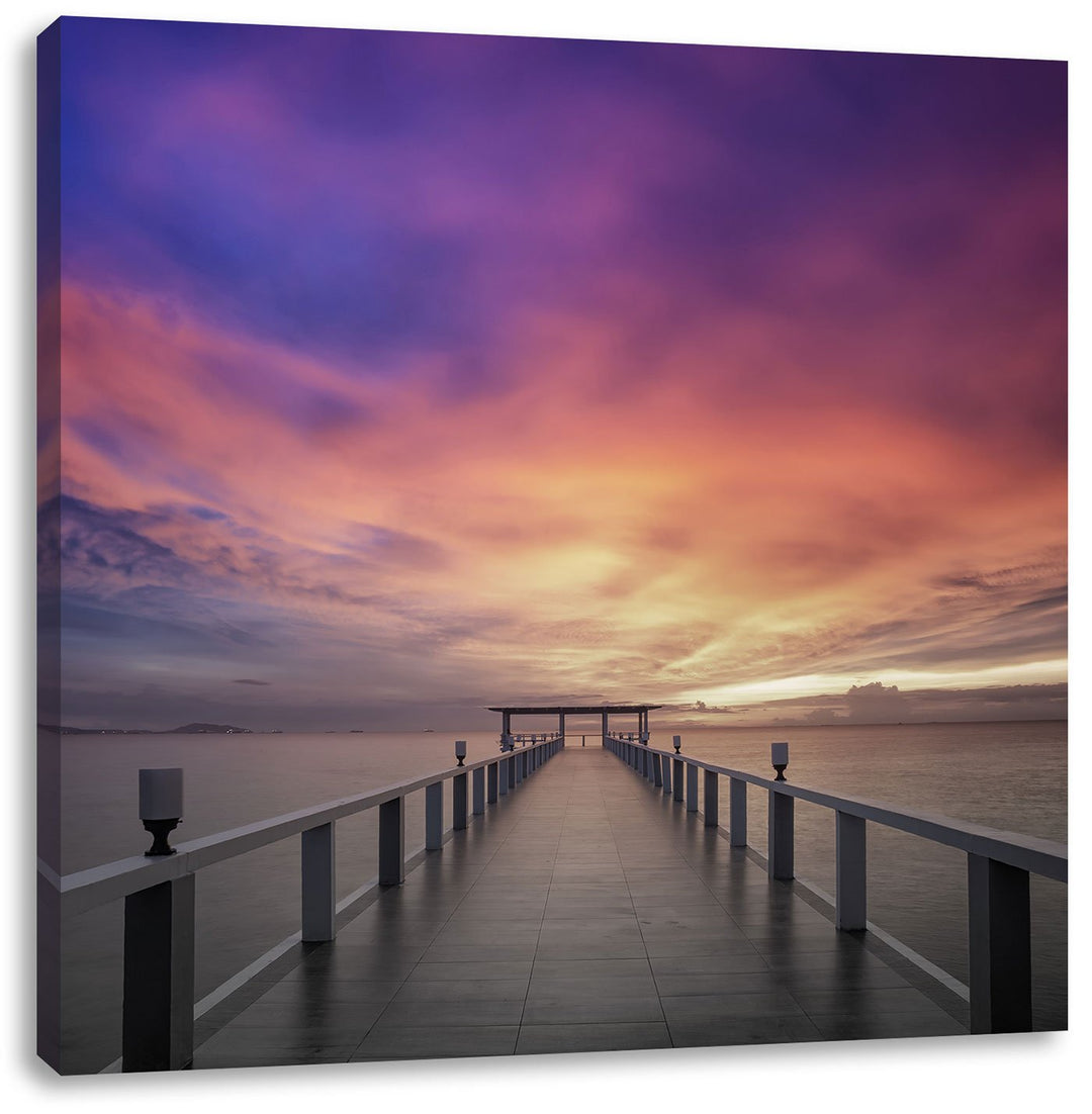 Pixxprint Endloser Steg ins Meer im Sonnenuntergang Schwarz/Weiss, Format: 70x70 auf Leinwand, 70x70
