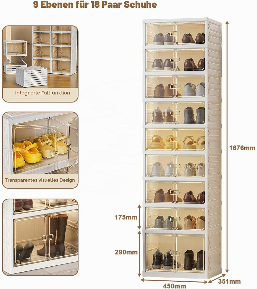 Faltbares Schuhregal 9 Ebenen 18 Paare, Transparente Schuhaufbewahrungsbox, Grosser Faltbar und Stap