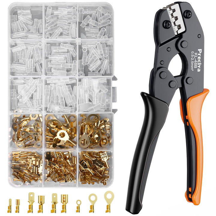 Preciva Crimpzange-Set mit 300 Flachsteckhülsen für 2,8-6,3 mm (0,5-2,5 mm² / AWG 22-14) – Ergonomis