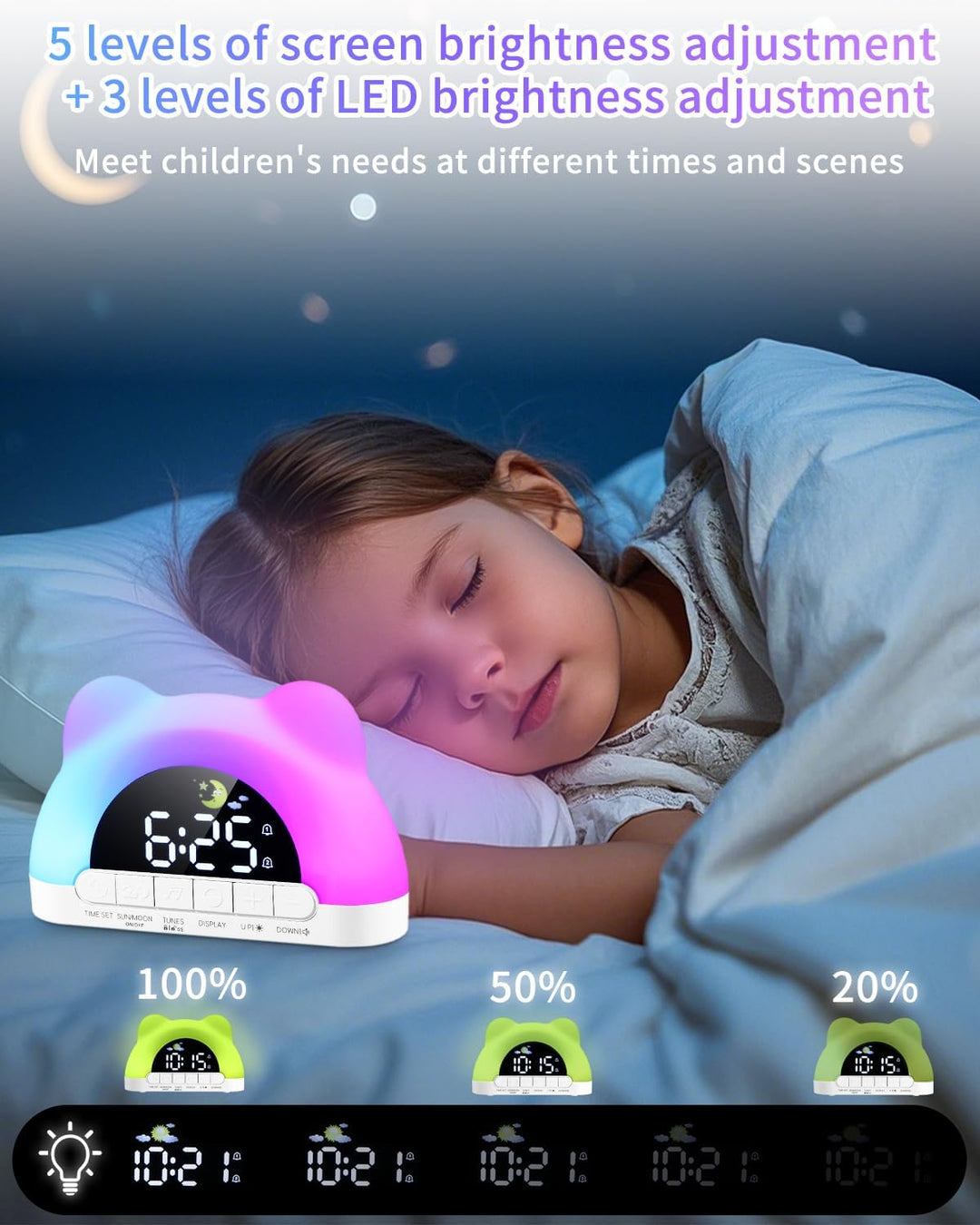 PERMUST Wecker Kinder 10 Weckerlärme, 11 RGB-Farben, 2 Alarme + Snooze, Schlaftrainer, Einstellbare