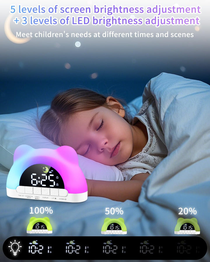 PERMUST Wecker Kinder 10 Weckerlärme, 11 RGB-Farben, 2 Alarme + Snooze, Schlaftrainer, Einstellbare