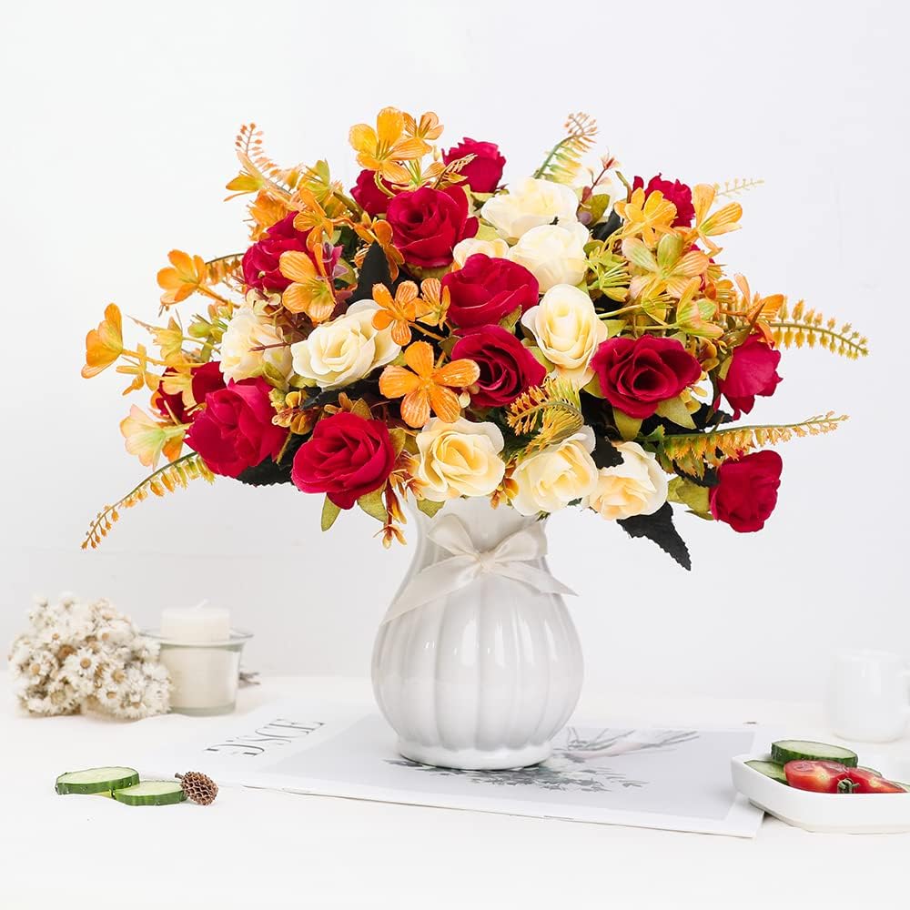 LESING Künstliche Kunstblumen mit Vase, Seide, künstliche Rosen, Hochzeitsblumen, Blumensträusse für