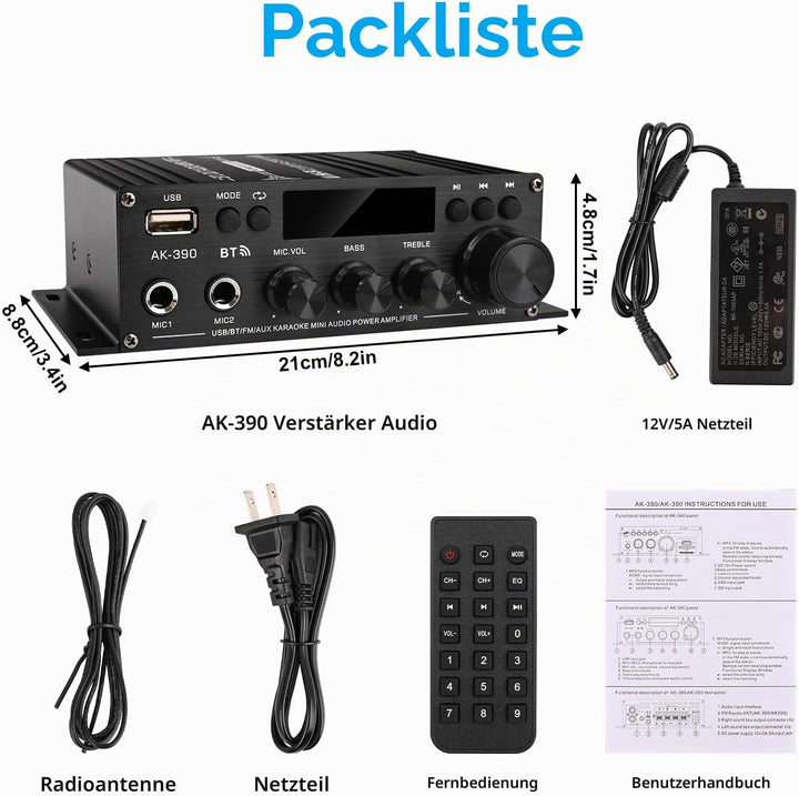 Romicta HiFi-Verstärker AK390, Mini Bluetooth Stereo-Audioverstärker Receiver 12V/ 220V 800W 2 Kanäl