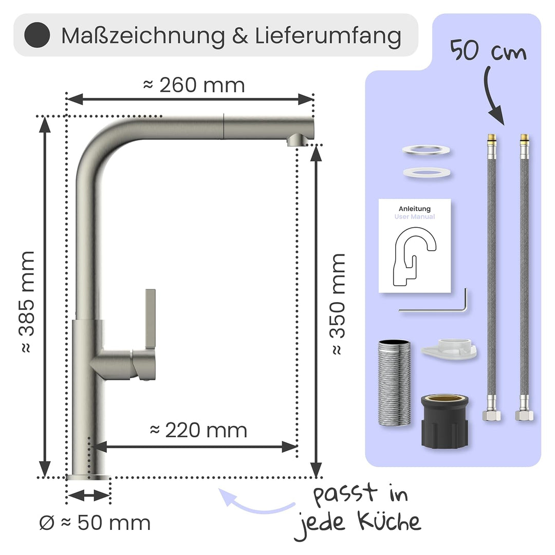 instmaier Cassia | Küchenarmatur mit herausziehbarem Auslauf | Edelstahl | Wasserhahn Küche 360° sch