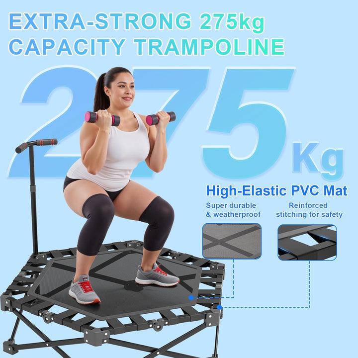 Mini Trampolin Klappbar, Fitness Trampolin Indoor mit Verstellbarem Griff, Minitrampolin für Erwachs