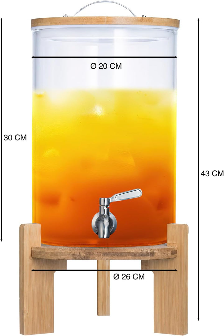 Premium Getränkespender mit Zapfhahn aus Edelstahl & Bambus-Ständer – 8L Wasserspender Glas für eisk