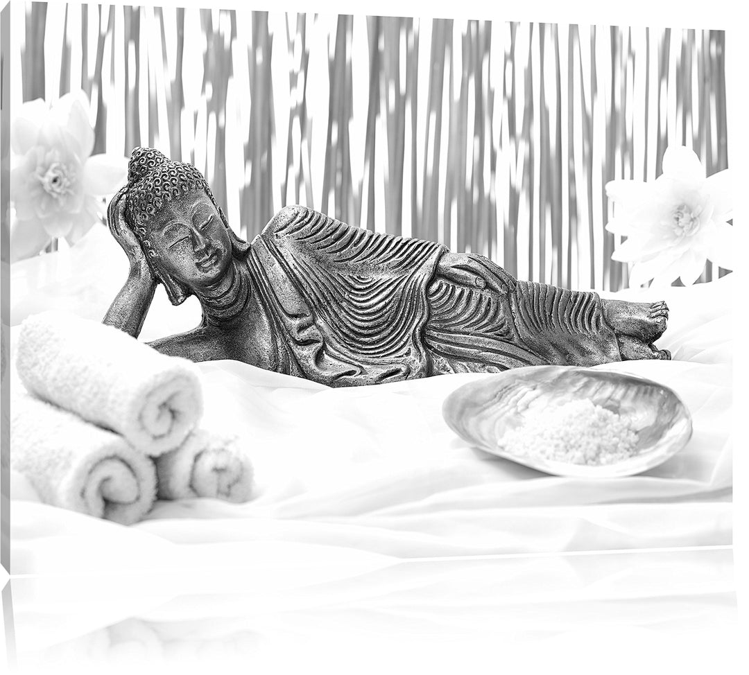 Pixxprint Buddha auf Handtuch / 100x70cm Leinwandbild bespannt auf Holzrahmen/Wandbild Kunstdruck De