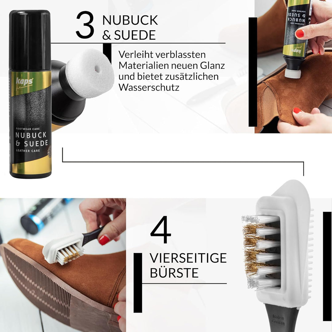 Kaps Nubuck Suede Care Set – Komplettes Reinigungs- und Pflegeset für Wildleder- und Nubukschuhe, Re