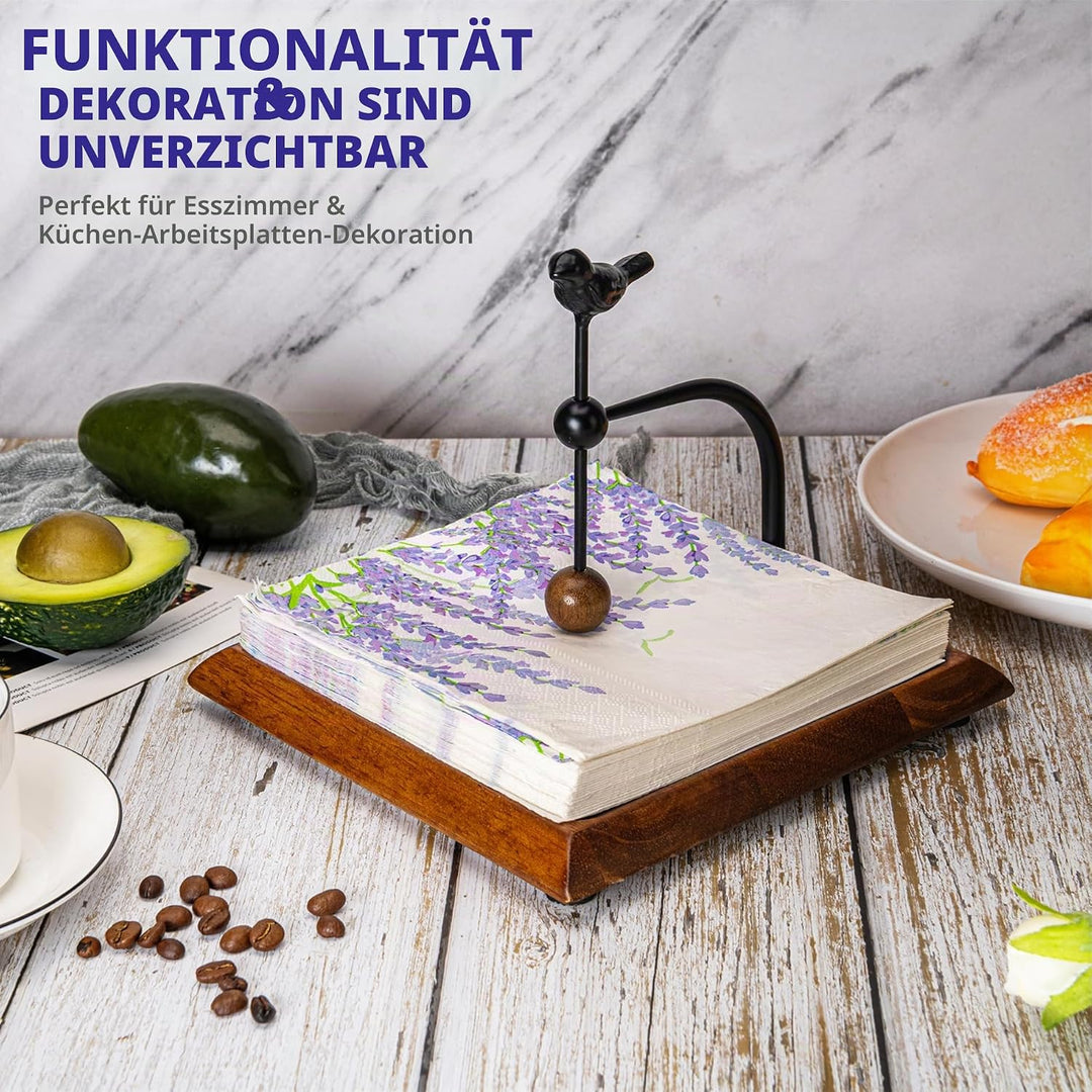 Holzserviettenhalter mit vogelartigem Griff – Eleganter flacher Serviettenhalter mit gewichtetem Arm