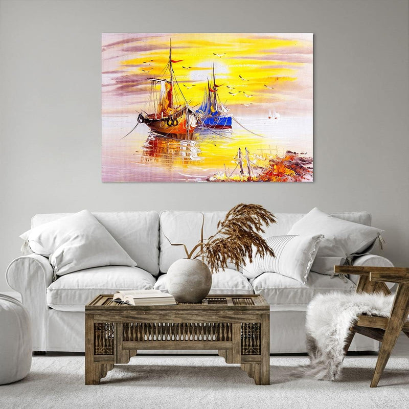 Bilder auf Leinwand 100x70cm Leinwandbild Boote Sonne Meer Reisen Gross Wanddeko Bild Schlafzimmer K