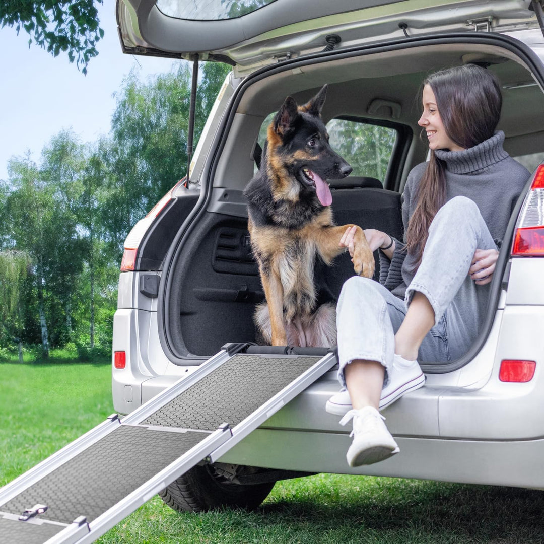 Hunderampe Auto Klappbar- Teleskop Alu Rampe für grosse Hunde - Stabile Hundetreppe Auto & SUV - rut