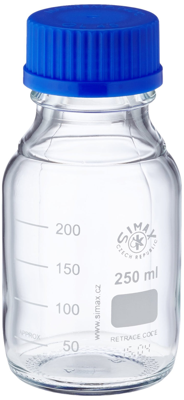 neoLab E-1430 Laborflaschen, GL 45, 250 mL, Iso-Gewinde, Kappe + Ausgiessring (10-er Pack), Borosili