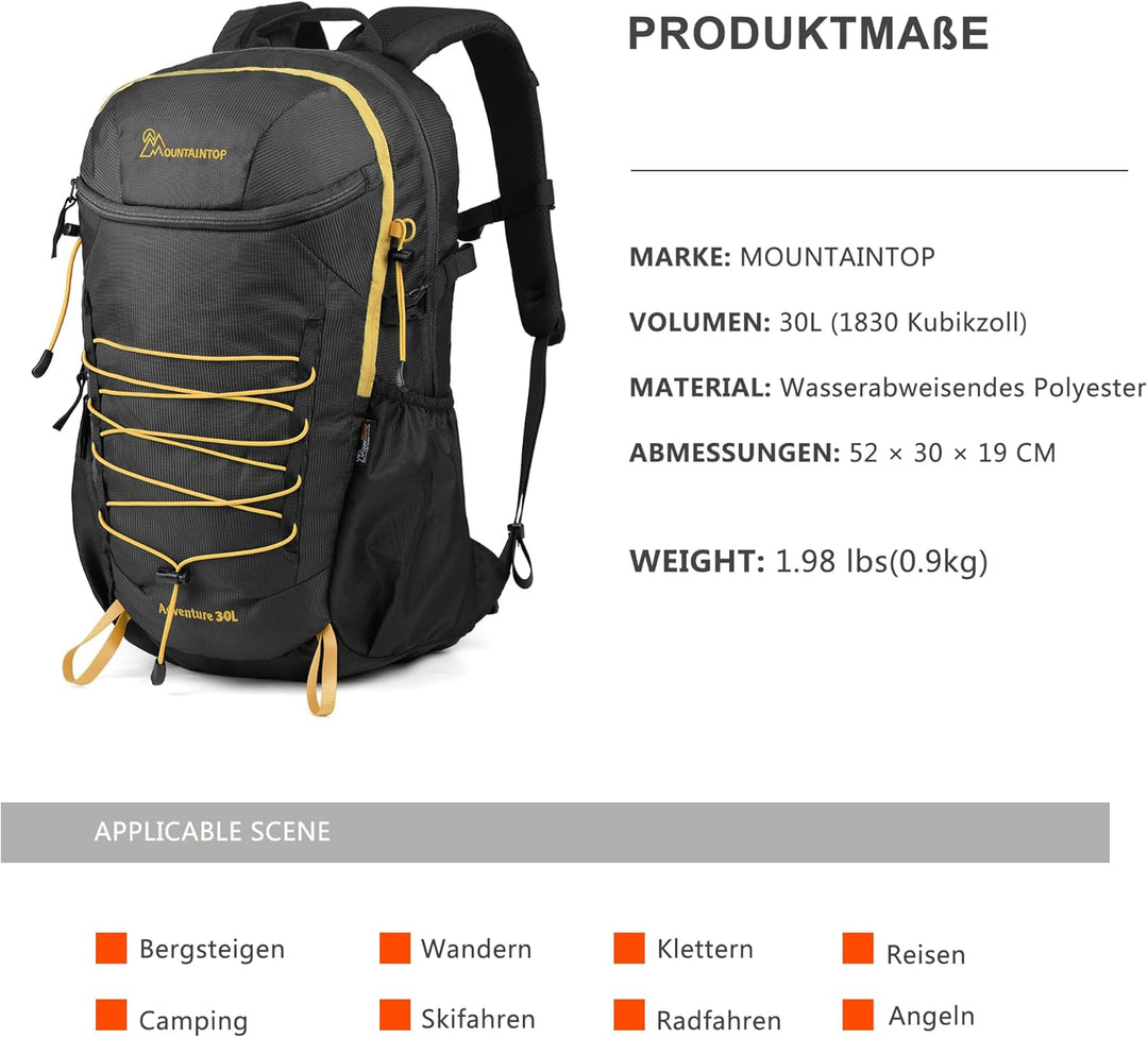 Mountaintop 25L/30L Wanderrucksack Daypack Damen Herren für Tageswanderungen, Outdoor, Radtouren 30L