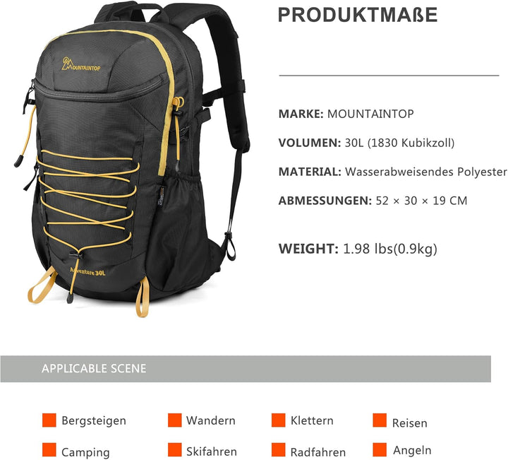 Mountaintop 25L/30L Wanderrucksack Daypack Damen Herren für Tageswanderungen, Outdoor, Radtouren 30L