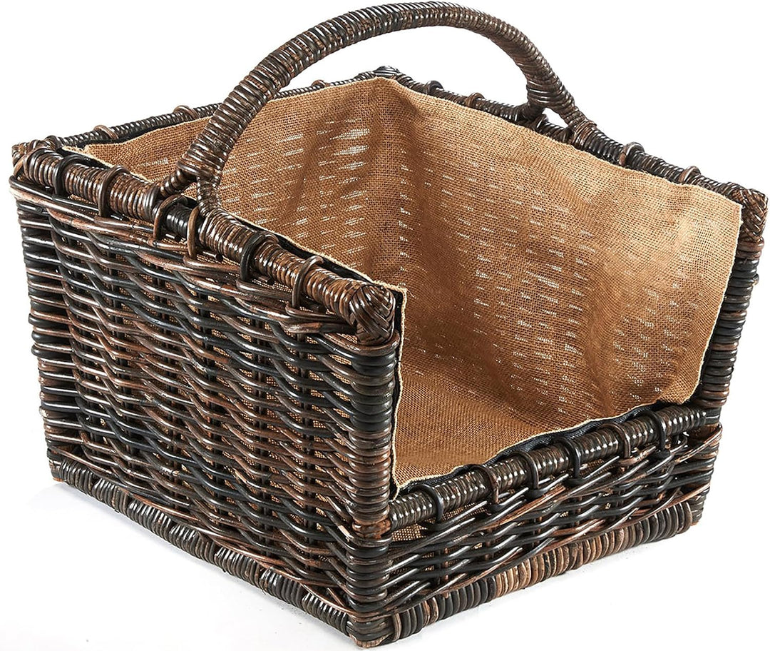 Kobolo Kaminholzkorb Holztrage Holzkorb für Kaminholz Rattan grau mit abnehmbarem Leinenstoff