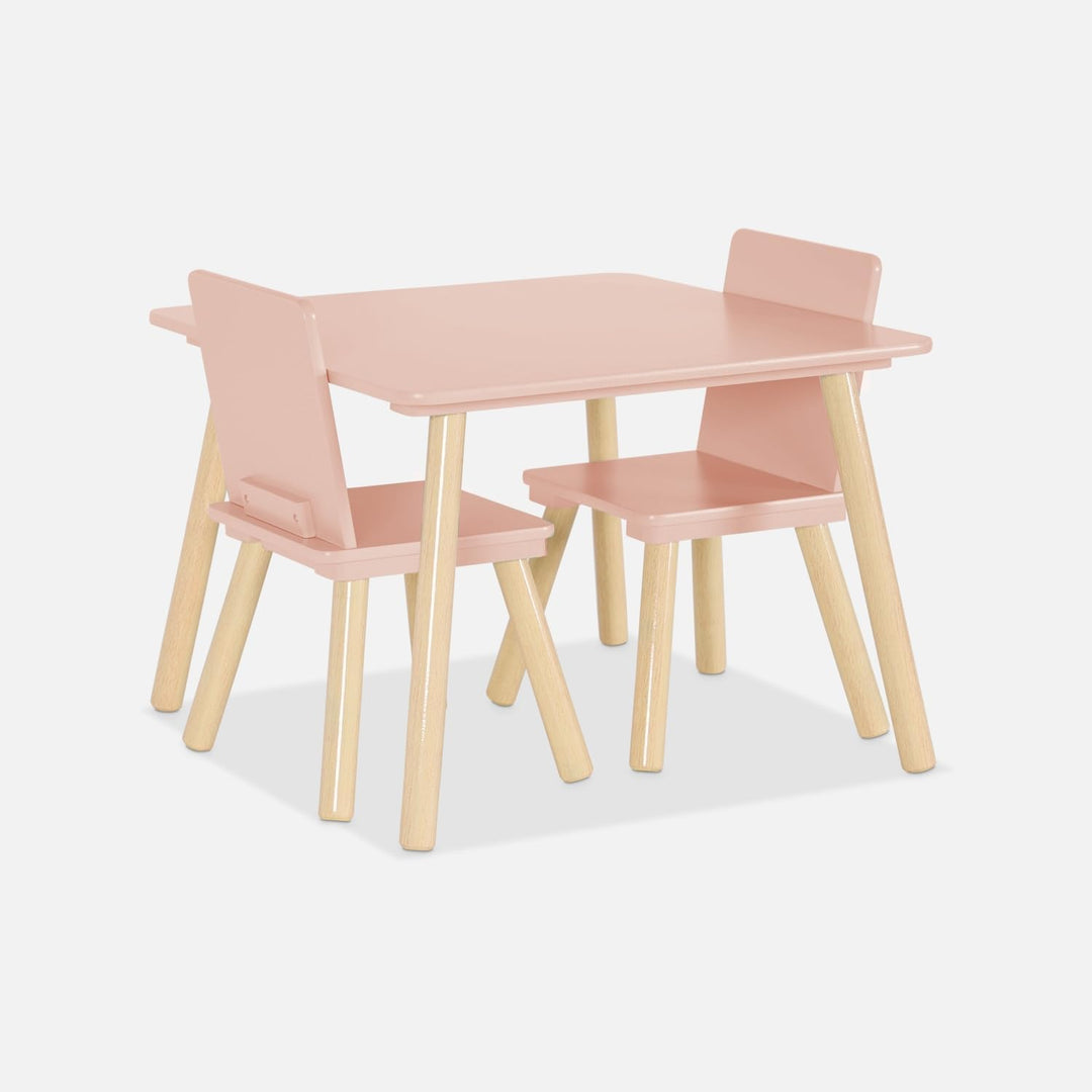 sweeek - Quadratischer Kindertisch mit 2 Stühlen, Beine aus Kiefernholz - Judith Rosa, Rosa