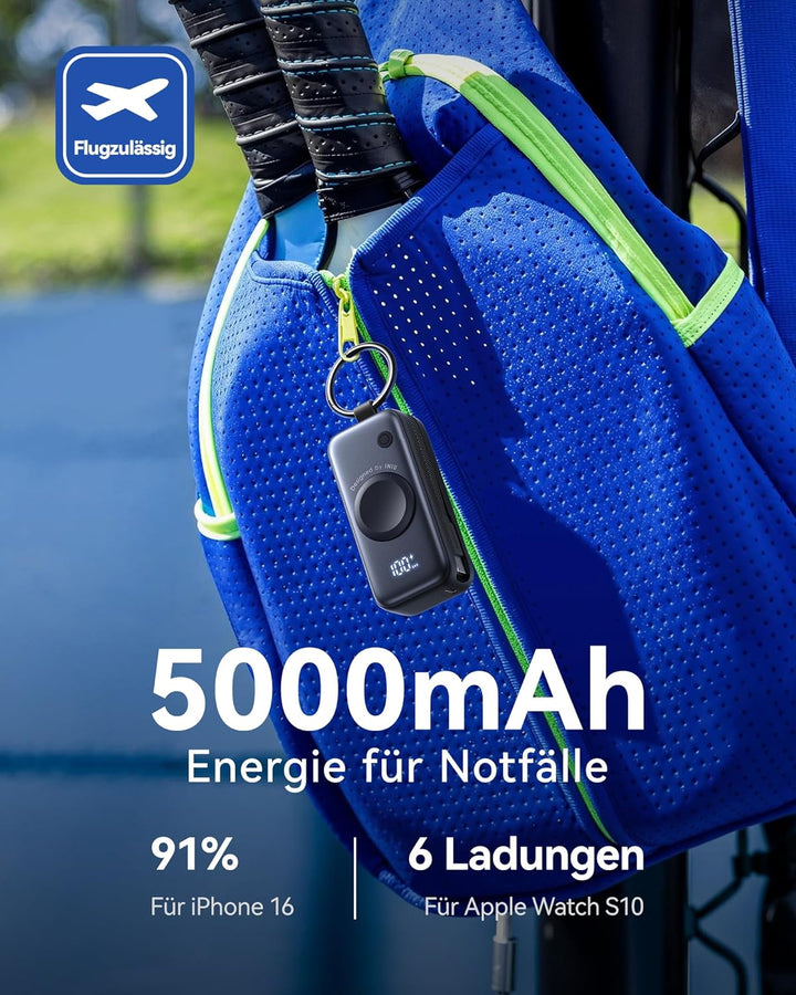 INIU Power Bank für Apple Watch, 5000mAh Powerbank mit eingebautem Kabel, Schlankes Reise Schlüssela