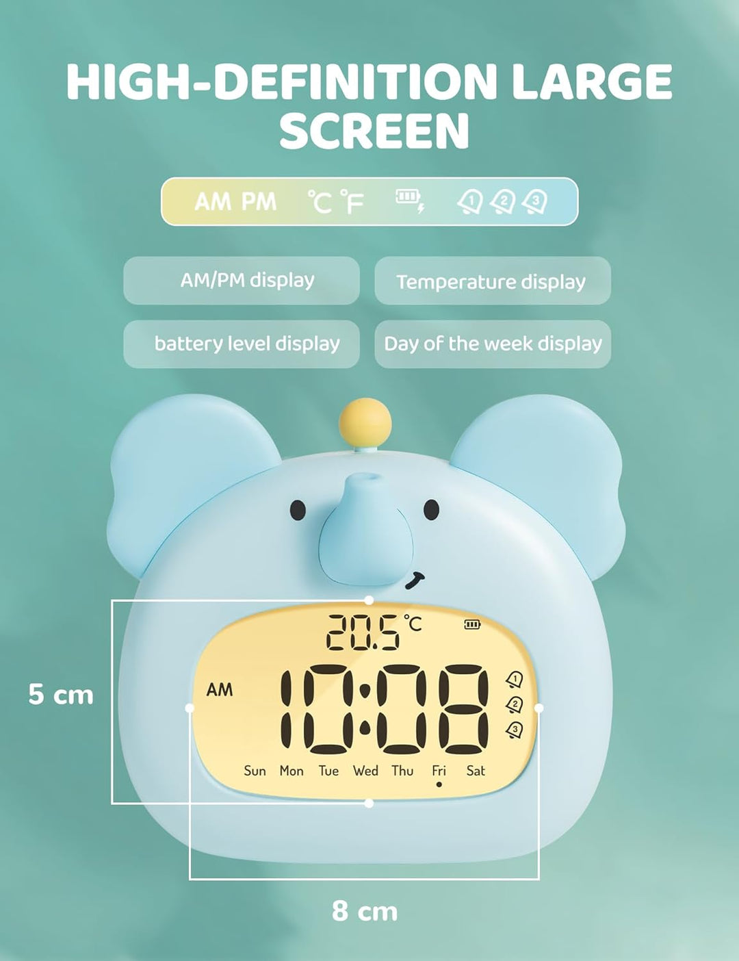IHALO Elefanten Deko Kinderwecker, Nachttischwecker mit Nachtlicht, Digitales LED-Display, 3,15 Zoll