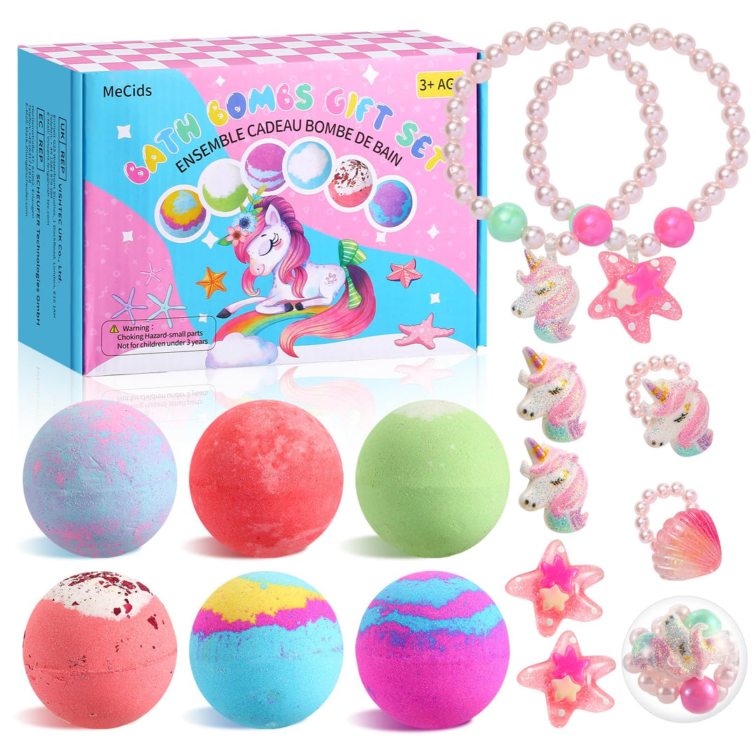 MeCids Bio Badebomben für Kinder mit Überraschungsspielzeug innen, 6-Pack mit Armbändern und Ringen,