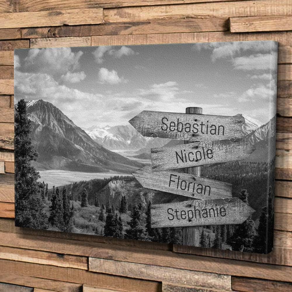 Deutsam Individuelle Leinwand Wegweiser Mountains Berge schwarz weiss mit eigenen Namen Geschenk Lei