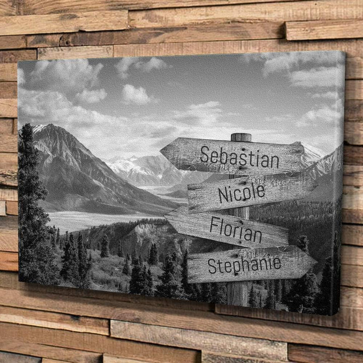 Deutsam Individuelle Leinwand Wegweiser Mountains Berge schwarz weiss mit eigenen Namen Geschenk Lei