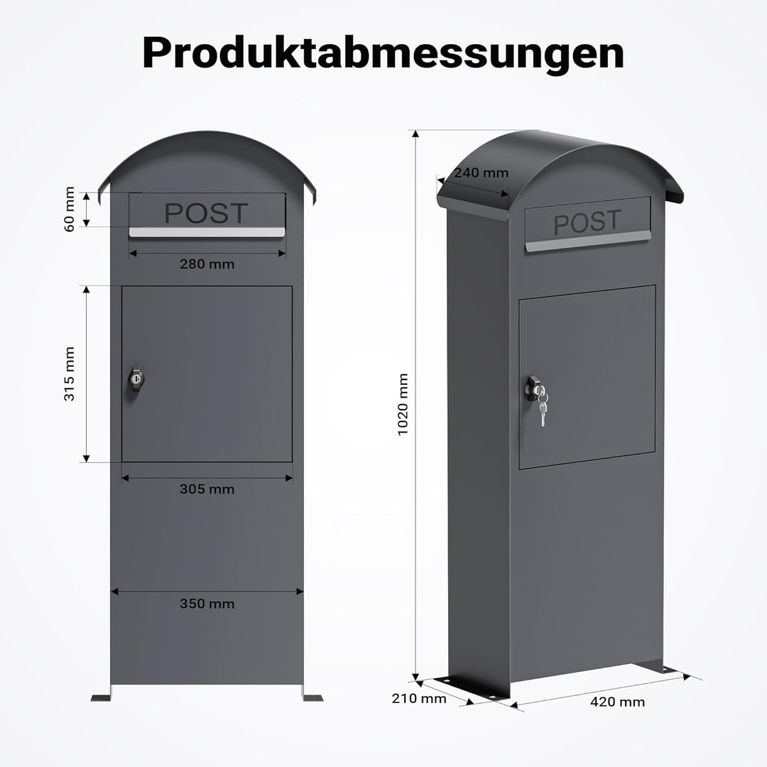 Wiltec Briefkasten grau 420 x 240 x 1020 mm, Standbriefkasten zur Bodenmontage mit Schloss, abschlie