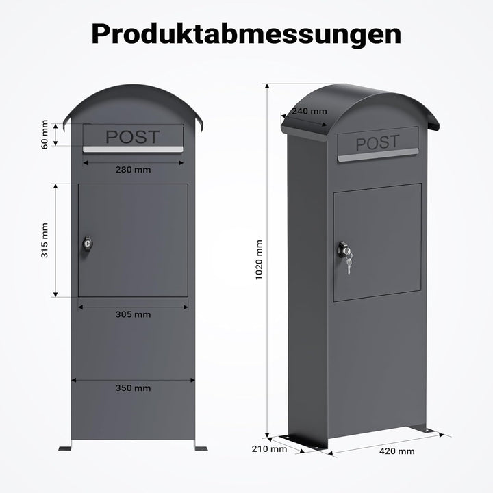 Wiltec Briefkasten grau 420 x 240 x 1020 mm, Standbriefkasten zur Bodenmontage mit Schloss, abschlie