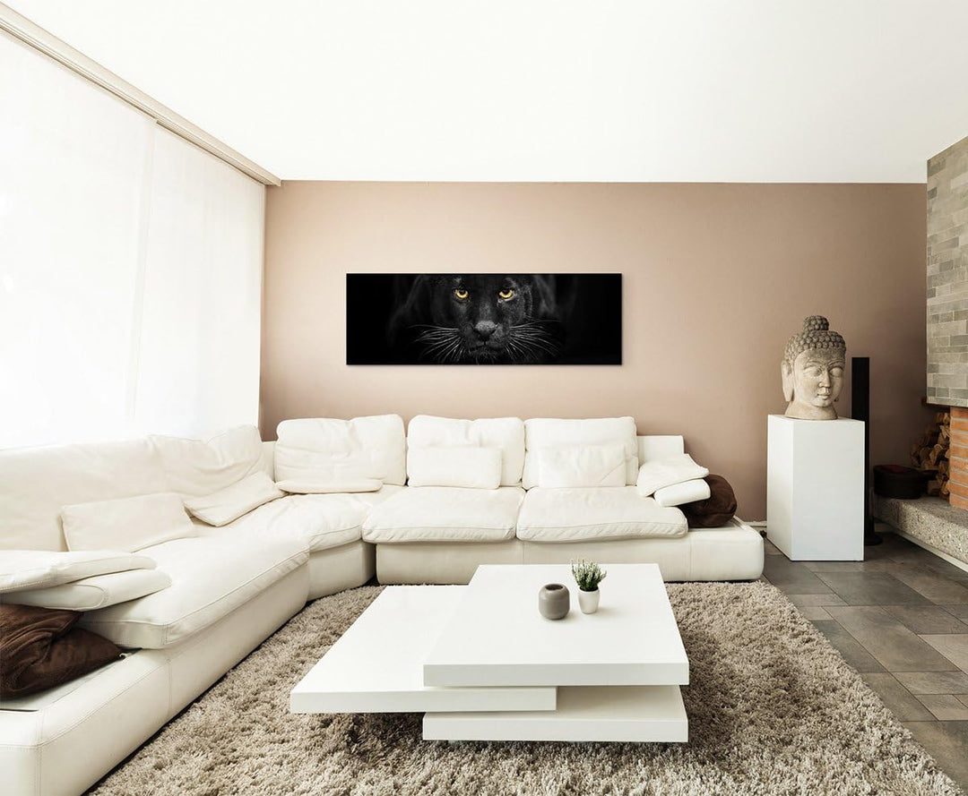 Sinus Art XXL Panoramabild 150x50cm Tierfotografie – Schwarzer Leopard mit bernsteinfarbenen Augen N