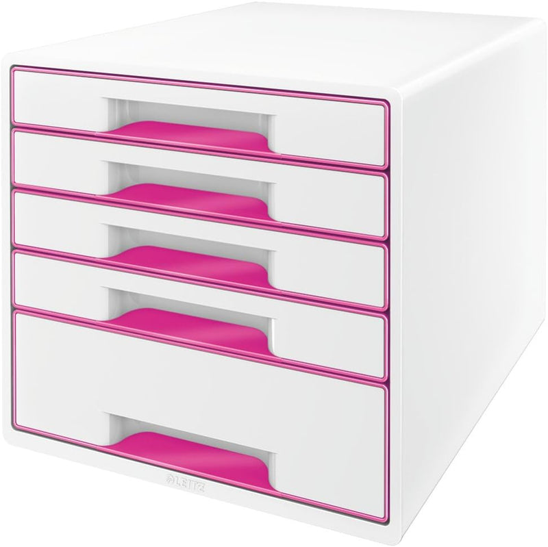 Leitz CUBE Schubladenbox mit 5 Schubladen, Weiss/Pink, A4, Inkl. transparentem Schubladeneinsatz, WO