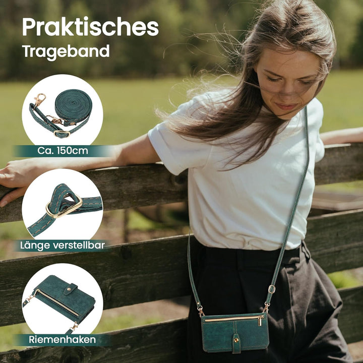 ZCDAYE Hülle für iPhone 16 Pro mit Band Handykette, Leder Handyhülle Handytasche mit Kartenfächern F
