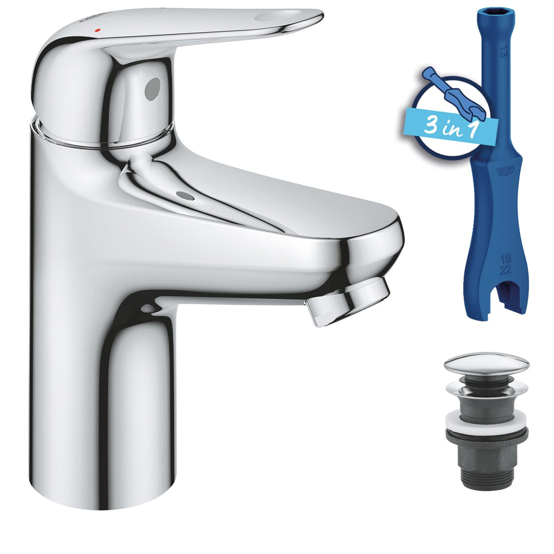 GROHE Swift - Waschtischarmatur (wassersparend, ~16cm hoch, inkl. Montagewerkzeug, Push-Open Ablauf)